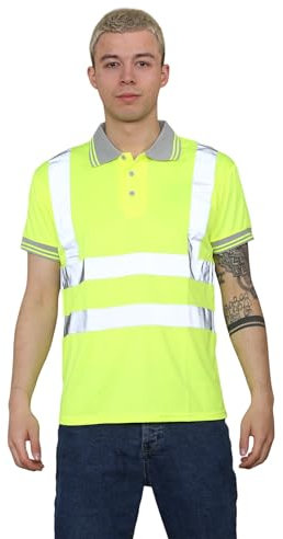 Grunge Wear® Hi Viz High Visibility Short Sleeve Polo Shirts - Men's Reflective Tape Safety Hi Vis Security Workwear T-Shirt Tops (Yellow, Small)