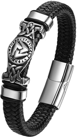 Flongo Leder Armband Herren Wikinger: Thors Hammer Dreieck Lederarmband schwarz silber Edelstahl Mjölnir Gravur Kette Viking leather schmuck mehrschichtig geflochten Lederband für Männer Damen
