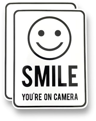 2 PACK - Small 9cm X 12cm SMILE YOUR ON CAMERA Self Adhesive Stickers - White/Black, Sign, Warning, CCTV, Private Property, Surveillance SG203