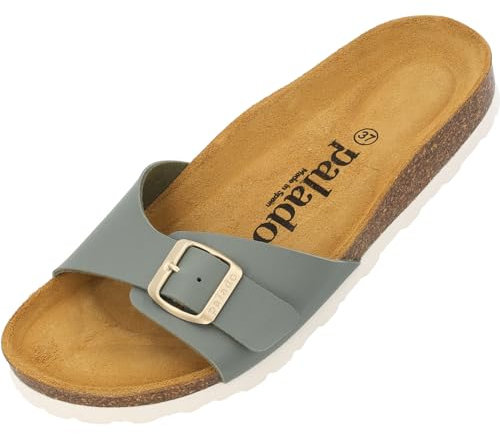 Palado Pantoletten Damen Malta Matt – gefertigt in Spanien – Veloursleder-Decksohle – matte Oberfläche – Weichfußbett für besten Komfort Olive UK9 - EU42