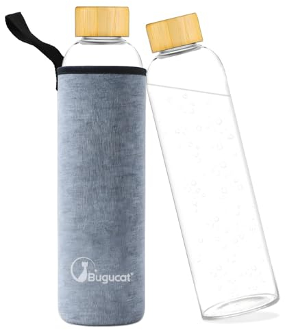 Bugucat Glasflasche 750 ML, Trinkflasche aus Glas mit Bambusdeckel und Schutzhülle, Wasserflasche Auslaufsicher aus Borosilikatglas, Karaffe für Smoothies Säfte Wasser und Getränke, BPA-Free Grau