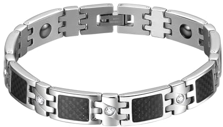 JewelryWe Magnetarmband Herren Magnet Armband: Schwarz Kohlenstofffaser Kohlefaser Edelstahl Zirkonia Rechteck Glieder Link Magnetische Armbänder Armkette Silber Geschenk