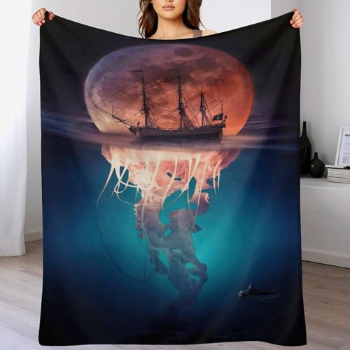 PAZZK Flannel Fleecedecke Mit 3D-Seepiraten-Mondqualle Muster, Leichte, Superweiche, Gemütliche Plüsch-Bettdecke/Sofadecke Vier Jahreszeiten Wohndecke(180×200cm)