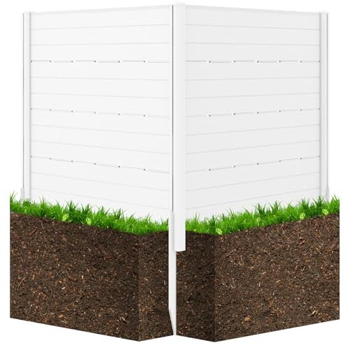 TANGZON 2 Panel Outdoor Privacy Fence Screen, 120 x 115 cm Decorative Air Conditioner Fence with 5 Ground Stakes, Freestanding Trash Can Pool Enclosure Fence Panels for Garden Backyard (White)