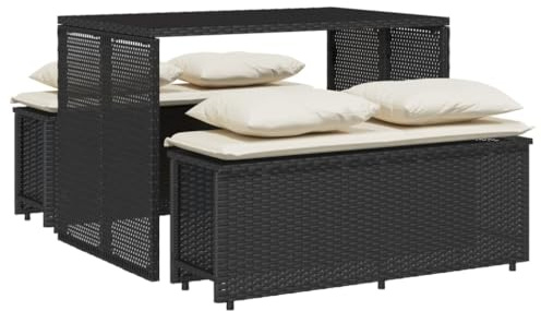 vidaXL 3-TLG. Garten-Essgruppe mit Kissen Schwarz Poly Rattan