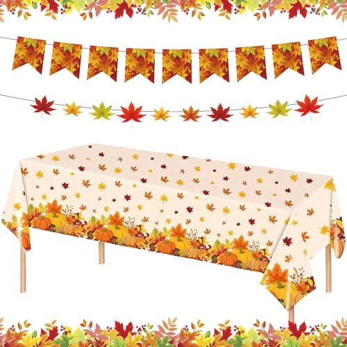 TOPJOWGA Ahornblätter Herbst Tischläufer, 137 x 274cm Herbst Tischwäsche + 2 Herbst Banner Dekorationen,Tischdecke Herbst, Erntedankfest Tischdecke, Herbst Kürbis Decke für Thanksgiving Party