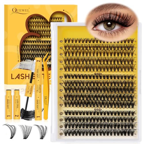QUEWEL Clusters-Lashes Kit 30+40+50D Lash Clusters Mixed 10-16mm, D Curl Eyelashes-Individual with Waterproof Lash Bond and Seal, and Tweezer DIY at Home for Beginner(30D+40D+50D-KIT)