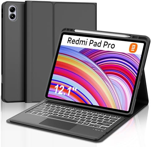 Teclado Redmi Pad Pro 12.1 con Touchpad, Teclado Trackpad Xiaomi Poco Pad 12.1 Pulgadas 2024, Funda Teclado Retroiluminado Español Ñ Desmontable Bluetooth para Xiaomi Redmi Pad Pro 12.1 2024, Negro