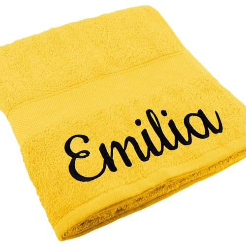Deitert Handtuch Juist mit Namen oder Wunschtext Bestickt, personalisiertes Duschtuch, individuelles Badetuch, 100% Baumwolle, 70 x 140 cm gelb