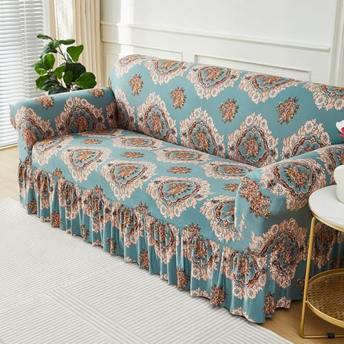 Hiseng Stretch Sofa Überzug Mit Saum, Retro-Blume Muster Sofabezug 1-4 Sitzer Couch Überzug Waschbar Universal Sofa Cover Sofaschoner für Haustiere Und Kind (Blau Cafe,3-Sitzer)