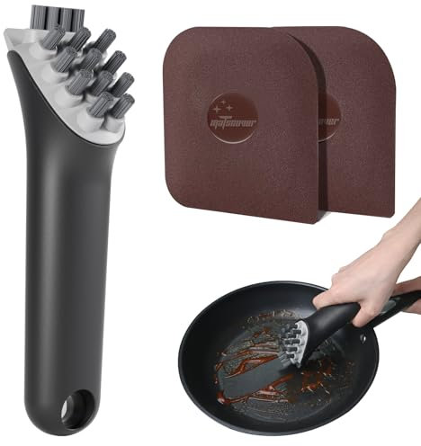 Matscover Cast Iron Brush + 2 PCS Pan Scraper - Cast Iron Cleaning Scrubber with Built-in Scraper, Non-Slip Rubber Handle, Sturdy Nylon Bristles, Black