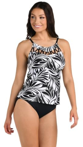 24th & Ocean Women's High Neck Tankini Swimsuit Top, Black//Floating Palms, 16