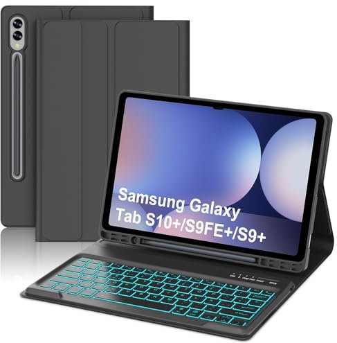 WAVATA Funda con Teclado para Samsung Galaxy Tab S10+ 12.4'', Teclado Español Ñ para Samsung Galaxy Tab S10 Plus, Teclado para S10+/S9+/S9FE+ con Bluetooth Desmontable Retroiluminado, Negro