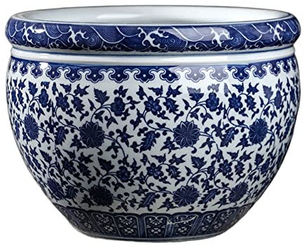 Maceta grande de cerámica azul y blanca para uso en interiores y exteriores