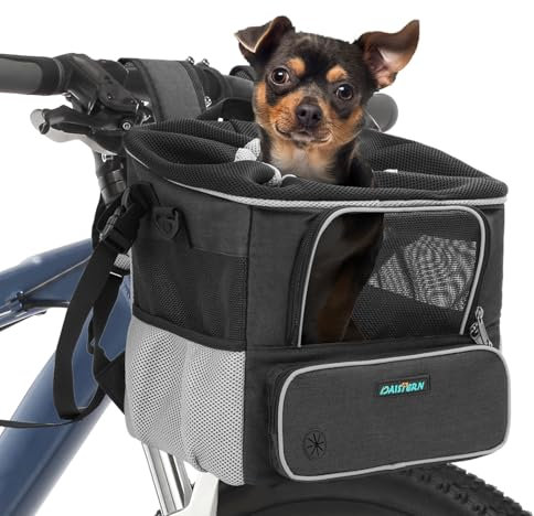 DAISTERN von BSWAY Hundekorb Fahrrad Vorne bis 3KG, Hundefahrradkorb mit Montagehalter Φ53mm, Rucksack Schultertasche Autositz mit Atmungsaktives Netzfenster, wasserdichtes Sitzkissen für kleine Hunde