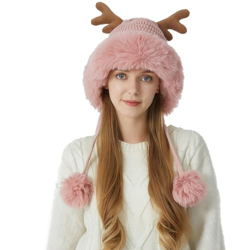 Huakunda Damen Wintermütze Warme Mütze Rentier mit Geweih Niedlich Plüschhüte Bommel Mütze mit Pompom Ohrenklappen Strickmützen (DE/NL/SE/PL, Alphanumerisch, Einheitsgröße, Rosa)