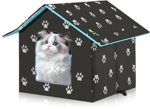 Katzenhaus Für Draußen, 40x20x10cm Winterfest Wasserdicht Wetterfester Haustierhaus, Outdoor Katzenhaus Mit Abnehmbarem Plüschkissen, Warm & Winddicht Für Katzen Und Kleintiere (Schwarz, L)