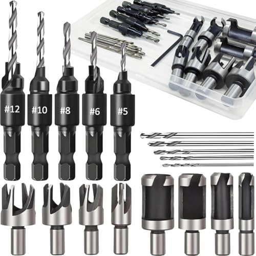 EATBALE Juego de cortadores de tapones para madera Brocas avellanadoras (#5, #6, #8, #10, #12) 1/4 Inch Hex Shank madera enchufe agujero cortador Garra de acero al carbono para carpintería