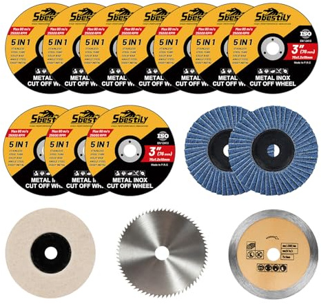 Sbestily 15Pcs 76mm Cutting Discs 3 inch Mini Angle Grinder Discs 10mm Bore | Cut Off Tool Blades for Metal, Wood, Stone & Plastic. Mini Grinder Discs Set with Flap, Wool Polishing & Wood Cutting Wheels.