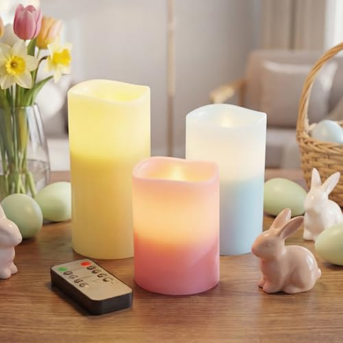 VIHOSE Easter Flameless Candles Battery Operated Flameless Pillar Candles Real Wax Fake Candle with Remote and Timer Flickering for Summer St. Patrick's Easter Gift Home Party