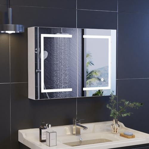 HFASD Spegelskåp för Badrum med Belysning, Badrumsskåp med Spegel och Justerbara Hyllor, Badskåp med 1 Dörr, Justerbar Färgtemperatur, Omkopplare med Touch-Sensor, 50 x 14 x 70 cm (2 Dörrar)