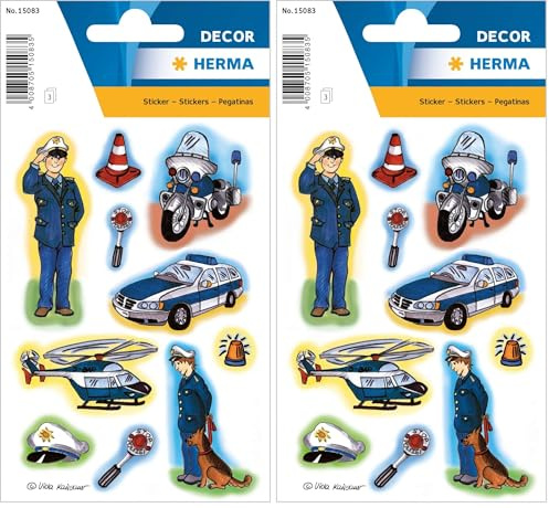 HERMA 15083 Aufkleber Polizei klein, 30 Stück, Berufe Sticker mit Polizist Polizeiauto Motiv, Kinder Etiketten für Fotoalbum Tagebuch Poesiealbum Scrapbooking Geburtstag Dekoration Briefe DIY Basteln