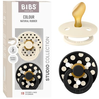 BIBS Polka Dots Schnuller 2er-Pack, BPA-frei, Kiefergerechte Form. Naturkautschuk/Latex, Hergestellt in Dänemark, Größe 2 (6-18 Monate), Ivory/Black