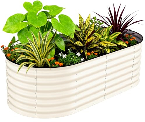 Aptliton Galvanized Steel Raised Garden Bed 180x90x60cm, Heavy Duty Oval Planter Box (No Bottom) with Anti-Cut Strips, Weather Resistant for Vegetables Herbs Flowers, Beige
