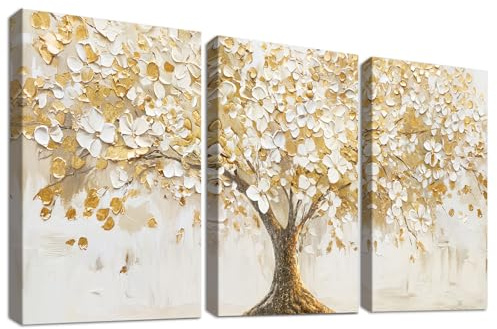 3Pcs Stampa su tela Con Cornice Fiori Bianchi Foglie Dorate Albero Pittura Astratto Albero della Vita in Fiore Quadri su tela Quadri Moderni Soggiorno Camera da Letto Stampe da Parete 30x40cm x3pcs