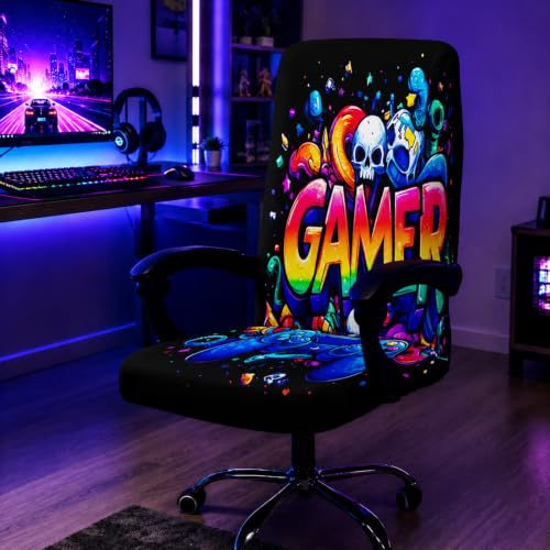 SparkLia Blacklight Gamer Office Chair Cover, UV Reactive Neon Skull Graffiti Stretchable Universal High Back Computer Chair Slipcover, Washable Elastic Gaming & Desk Chair Protector for Home Office