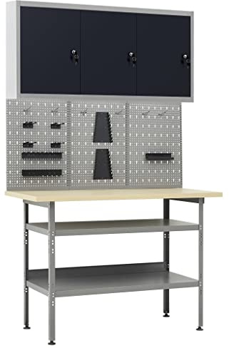 FWIKDUN Werkbank mit Werkzeugwänden und Schrank, Werkstatt Aufbewahrungsset mit höhenverstellbarer Werkbank 300 kg Tragkraft und perforierter Werkzeugwand 120 cm