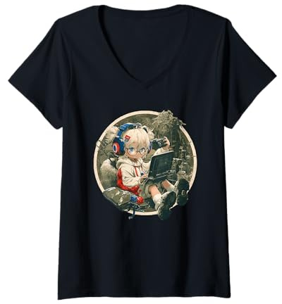 Damen Anime Gamer Girl Laptop Controller Kopfhörer T-Shirt mit V-Ausschnitt