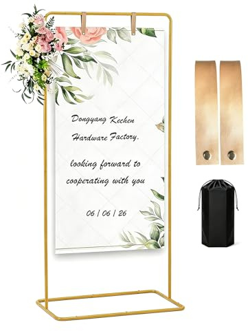 Wedding Sign Stand Holder, Adjustable 175 cm Wedding Sign Holder | Gold Metal Welcome Sign Holder with 2 Leather Straps for Bridal Shower Reception Party Poster Display