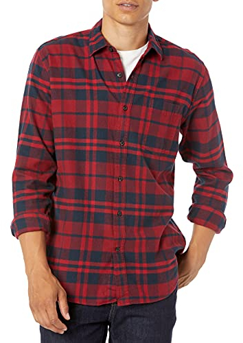 Amazon Essentials Herren Langarmhemd aus Flanell (in Übergröße erhältlich), Rot Karomuster, L