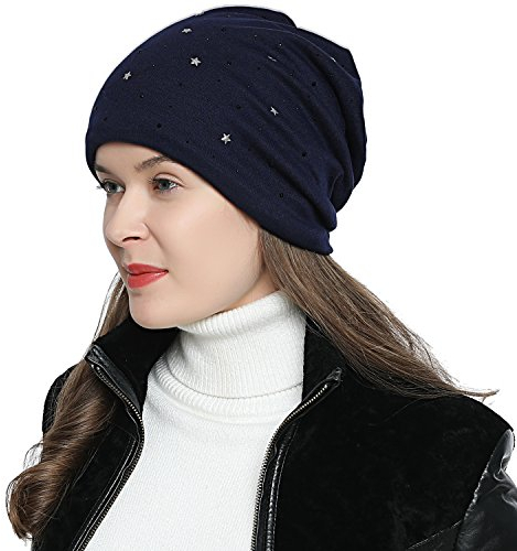DonDon Mütze Damen Wintermütze Slouch Beanie gefüttert mit schwarzem Strass dunkelblau