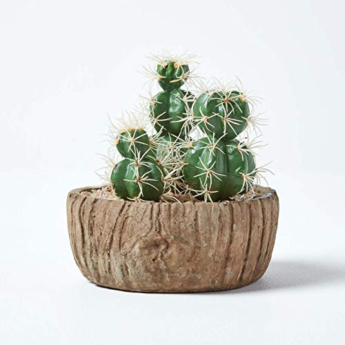 Homescapes Künstlicher Kaktus Echinocactus im Keramik Topf in Holz-Optik, kleine künstliche sukkulente Pflanze ca. 15 cm hoch, rustikale Dekoration für Büro, Fensterbank oder Tisch