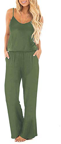 OUGES Damen Sommer Ärmellos Jumpsuit Overall Lang Hosenanzug Casual Playsuit Romper mit Taschen(Grün,M)