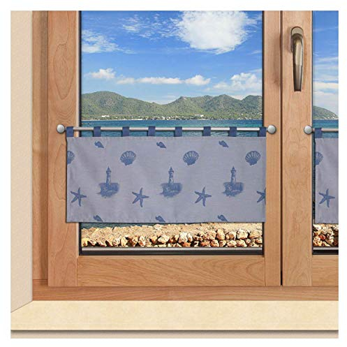 SeGaTeX home fashion Badgardine Maritime Scheibengardine Rügen Muschel Seestern in blau mit Schlaufen 45 x 90 cm