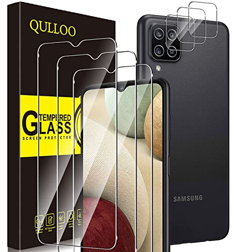 QULLOO Schutzfolie für Samsung Galaxy A12 / M12, 3 Stück Displayschutzfolie mit 3 Stück Kameraschutz [9H Härte Gehärtetes Glas ][HD Klar Schutzglas][Anti-Kratzen Folie]