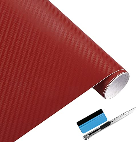 NewL - Rotolo di pellicola adesiva 3D in vinile in fibra di carbonio con sistema di fuoriuscita dell’aria per evitare la formazione di bolle, colore rosso, 45 x 152 cm