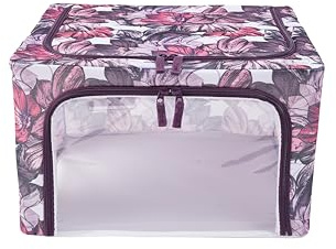 Periea ‘Beau’ Folding Collapsible Stackable Fabric Home Storage Boxes with Steel Frames (Pink Floral, Small)