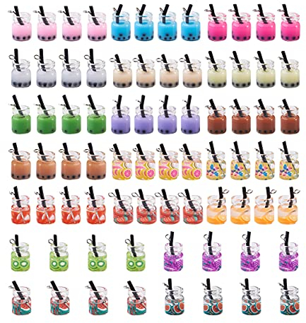Craftdady 76pcs Mini Resin Bubble Milk Tea Bottle Charms Beads Figurine Fruit Tea Necklace Earring Dangle Pendants for DIY Crafts Hanging Keychain Bag Decoration