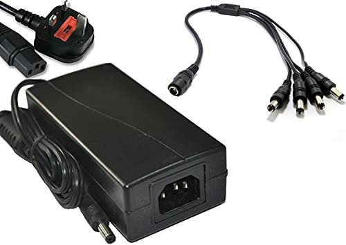 5 Amp 12V PSU Power Supply unit mains 240v AC to 12v DC (UK 3 Pin Plug) for CCTV Cameras and lighting with 4 Way Power Splitter Cable - Sentry CCTV