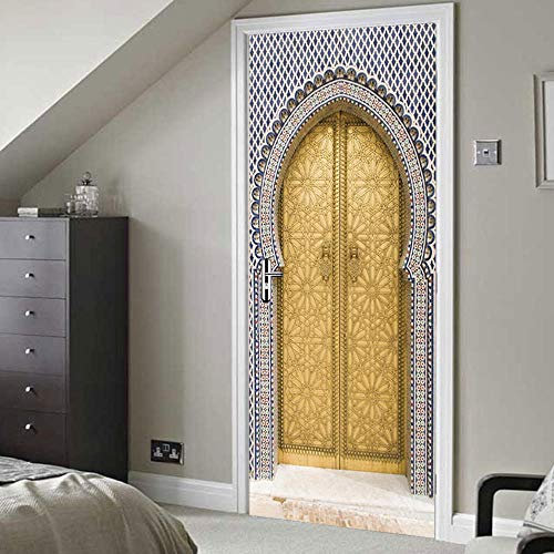 SHOMEY Autocollant 3D Stéréo de Porte Porte dorée de style marocain 95 x 215 cm Art Créative Auto-adhésif Poster PVC Sticker Porte pour Porte Cuisine Salon Chambre Salle de Bain