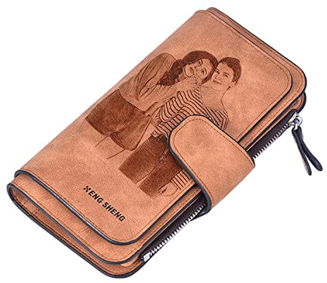 Personalisiert Geldbeutel Frau,Leder GeldböRse mit Foto,Personalisierte gravierte Langer Stil mit Reißverschluss Wallet Foto-Geldbörse, Muttertags-Valentinstagsgeschenk für Frauen (Braun)