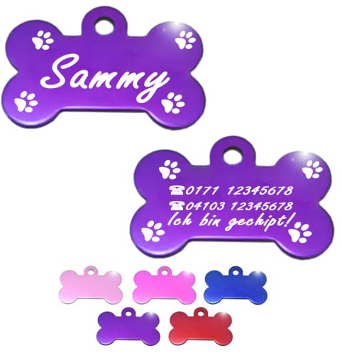 Ibera gifts - Hundemarke mit Gravur, Hundemarke personalisiert, XL, Knochenförmig, für große Haustiere, Aluminium(Lila)