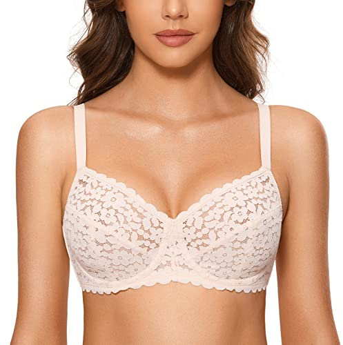 DOBREVA Soutien-Gorge Dentelle Emboitant Minimiseur avec Armatures Femme Rose Blanc 95C