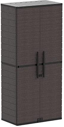 Duramax Cedargrain Tall Plastic Vertical Storage Cabinet, 2 Door Cabinet with 4 Shelves, Garden Storage Cupboard, Outdoor Lockable Cabinet, Water Resistant Short Cupboard, Garden Storage Unit, Brown