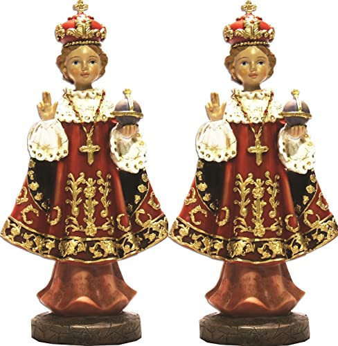 ÖLBAUM 2X Prager Jesuskind, Jesulein -8 cm Höhe, Jesusfigur von Prag mit rotem festlichem, reich goldfarben-dekoriertem Umhang, Replik Heiligenfigur Sievernich-Jesus HANDBEMALT