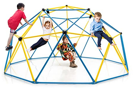DREAMADE Dôme d'escalade avec Balançoire pour 3-10 Ans, Cadre Métallique, Échelle à Grimper Centre d'Activité, Aire de Jeu Intérieur&Extérieur, Charge 363 kg (Dôme + Balançoire)